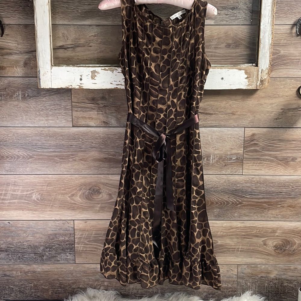 Sandra Darren Animal Print Ruffled Dress Size 8P Dark Brown and Tan